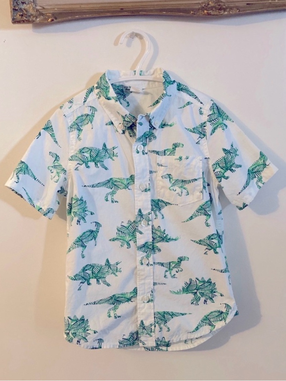 Boys White Short-Sleeve Dinosaur Button-Up Shirt